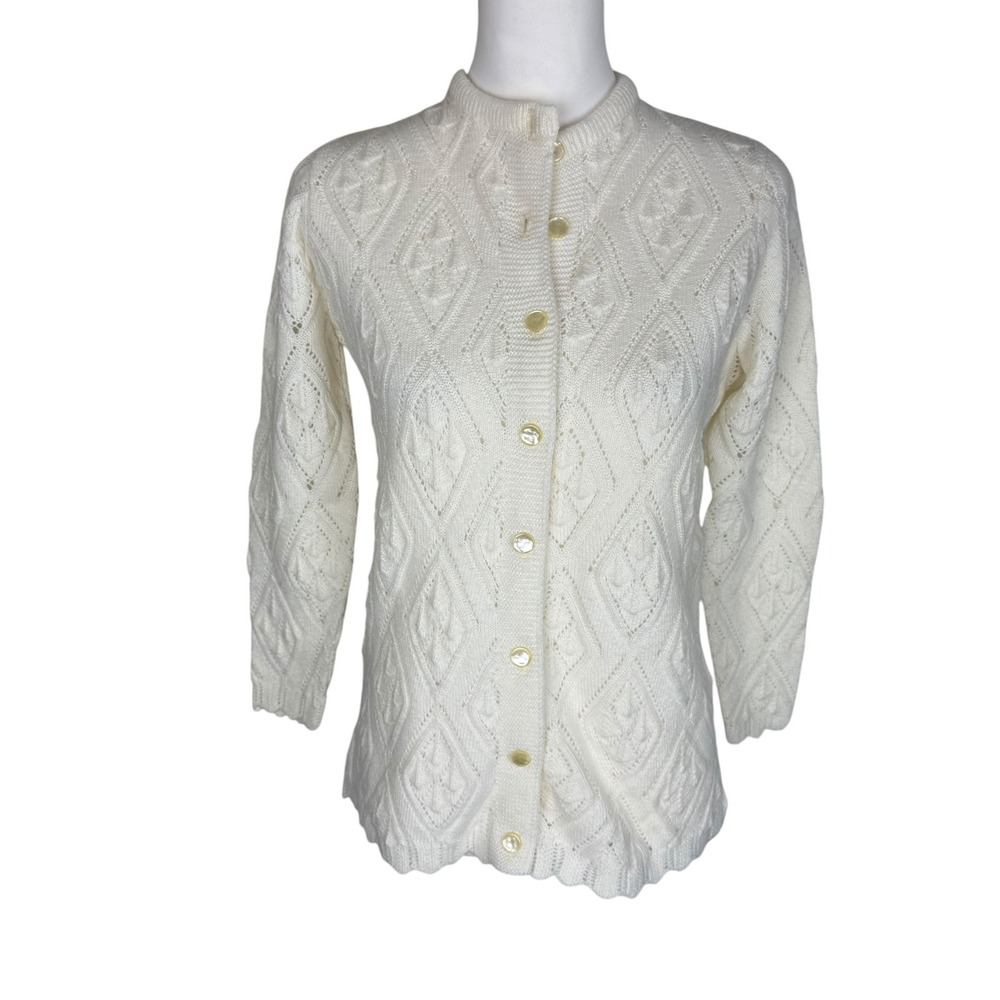 Vintage Pointelle Diamond Knit Cardigan Cream Scalloped Button Front Sweater
